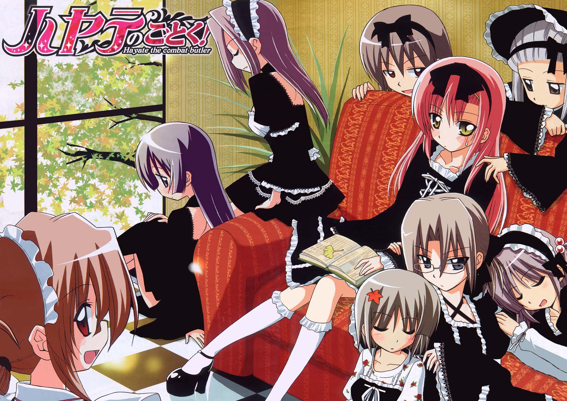 hata kenjirou, aizawa sakuya, asakaze risa, hanabishi miki, harukaze chiharu, katsura hinagiku, kijima saki, maria (hayate no gotoku!), saginomiya isumi, segawa izumi, hayate no gotoku!, white legwear, highres, 00s, 6+girls, book, folded ponytail, glasses, gothic lolita, lolita fashion, maid, multiple girls, ponytail, socks