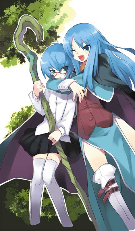 usatsuka eiji, sylpheed, tabitha (zero no tsukaima), zero no tsukaima, artist request, 00s, blue eyes, blue hair, boots, glasses, hug, long hair, school uniform, serafuku, short hair, staff, thigh boots, thighhighs, zettai ryouiki
