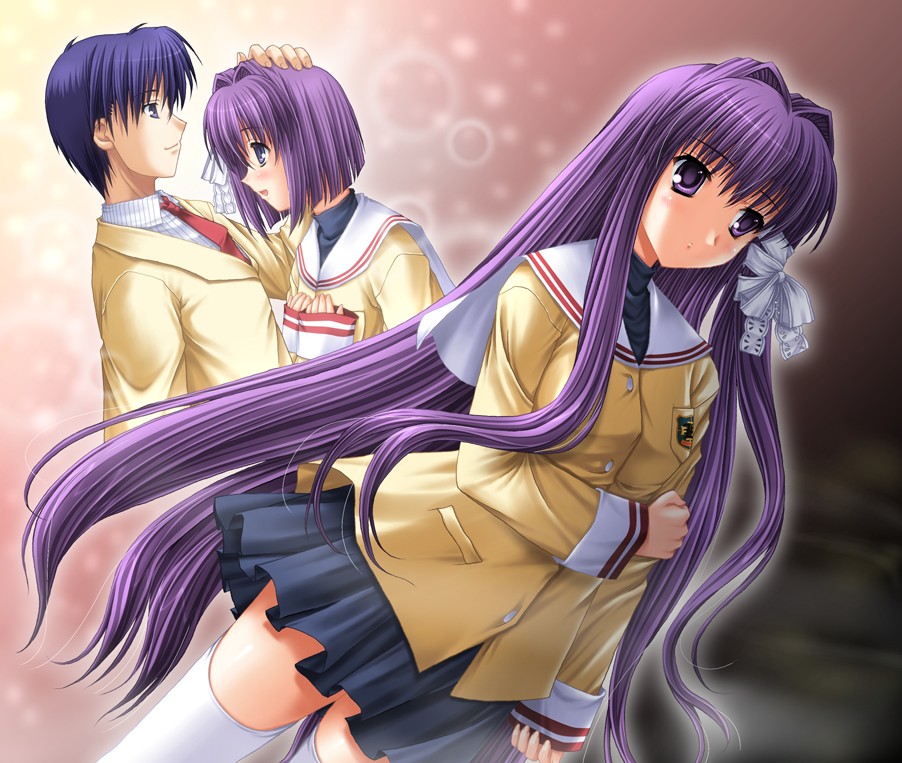 miyai sen, fujibayashi kyou, fujibayashi ryou, okazaki tomoya, clannad, 00s, 1boy, 2girls, holding own arm, multiple girls, school uniform, serafuku, siblings, sisters, thighhighs, twins, zettai ryouiki