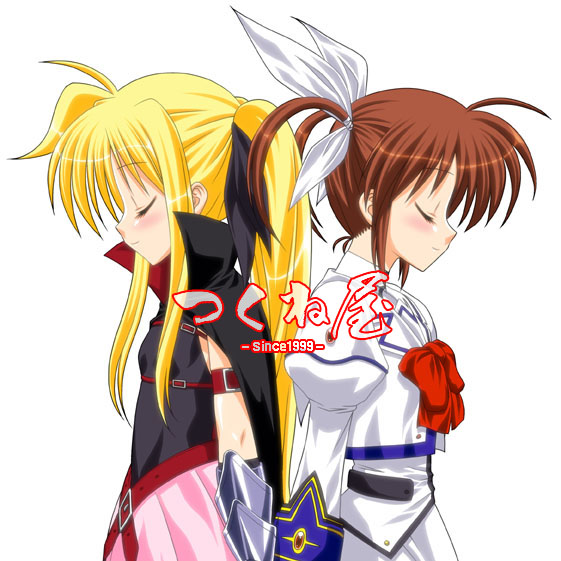 fate testarossa, fate testarossa (lightning form), takamachi nanoha, takamachi nanoha (sacred mode), lyrical nanoha, mahou shoujo lyrical nanoha, mahou shoujo lyrical nanoha a's, eyebrows, 00s, 2girls, arm belt, back-to-back, belt, black dress, blonde hair, blush, bodysuit, bow, bowtie, cape, closed eyes, closed mouth, dress, from side, long sleeves, magical girl, multiple girls, red bow, red bowtie, red hair, sidelocks, simple background, smile, twintails, upper body, white background