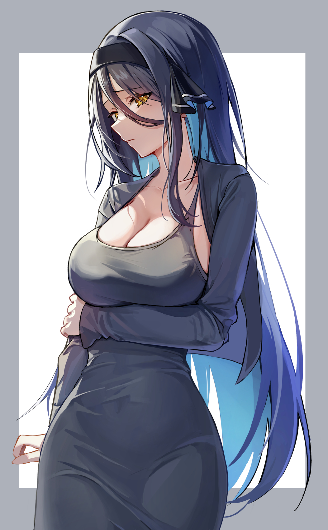 reso l, gangzi (vtuber), stellive, commentary, english commentary, highres, 1girl, arm under breasts, black hairband, blue hair, border, breasts, cleavage, closed mouth, collarbone, colored inner hair, dongtan dress, dress, grey border, grey dress, hair between eyes, hairband, holding own arm, inset border, large breasts, long hair, long hair between eyes, long sleeves, looking at viewer, multicolored hair, solo, standing, very long hair, virtual youtuber, yellow eyes