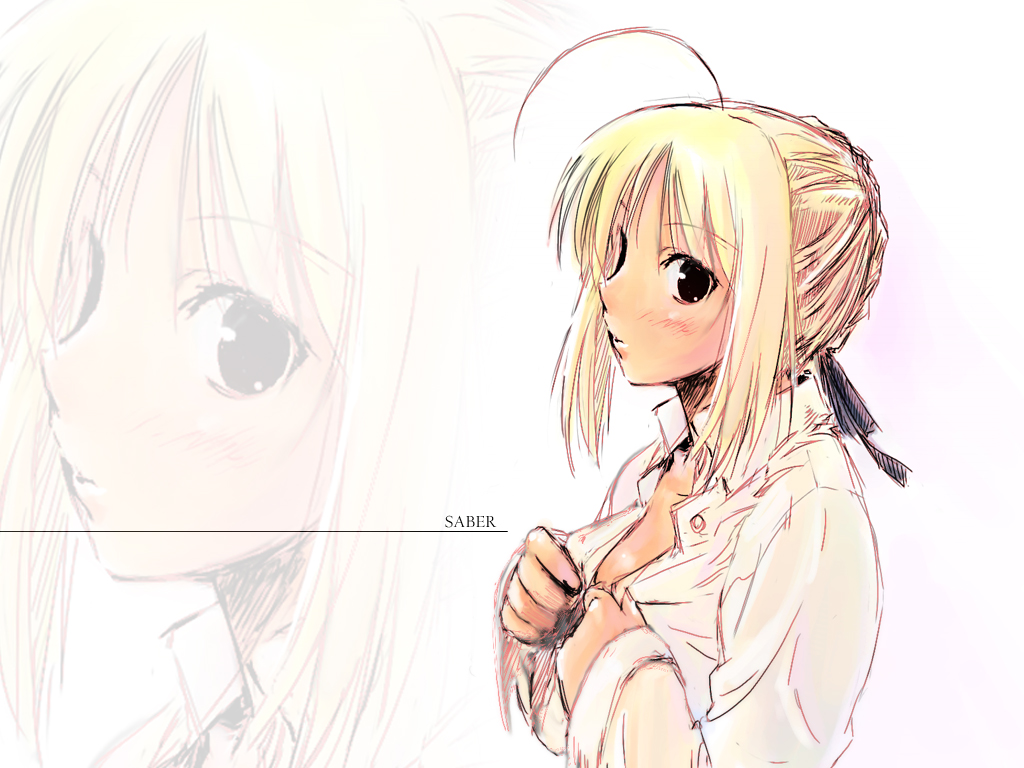 artoria pendragon (fate), saber (fate), fate/stay night, fate (series), 00s, blonde hair, blouse, brown eyes, shirt, undressing
