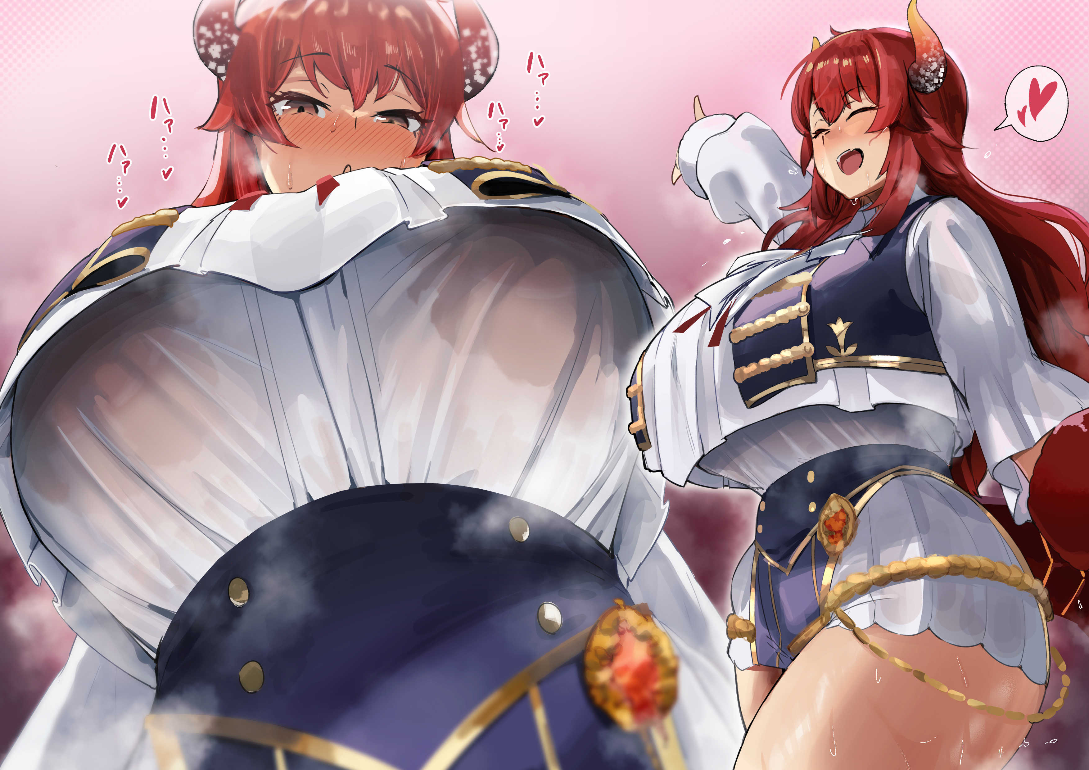 i kitsugi, dola (nijisanji), nijisanji, 1girl, areolae visible through clothing, blush, breasts, brown eyes, closed eyes, dragon girl, dragon horns, from below, from side, heart, horns, huge breasts, idol clothes, jewelry, long hair, multiple views, nijisanji idol uniform, open mouth, pink background, pointing, red hair, shirt, shirt overhang, skirt, smile, solo, spoken heart, standing, sweat, sweaty clothes, thick thighs, thighs, underboob, virtual youtuber, white shirt, white skirt