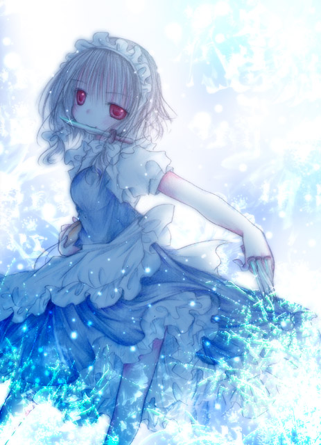kasuga sunao, izayoi sakuya, touhou, silver hair, 1girl, braid, female focus, hairband, knife, maid, mouth hold, short hair, solo, throwing knife, twin braids, weapon