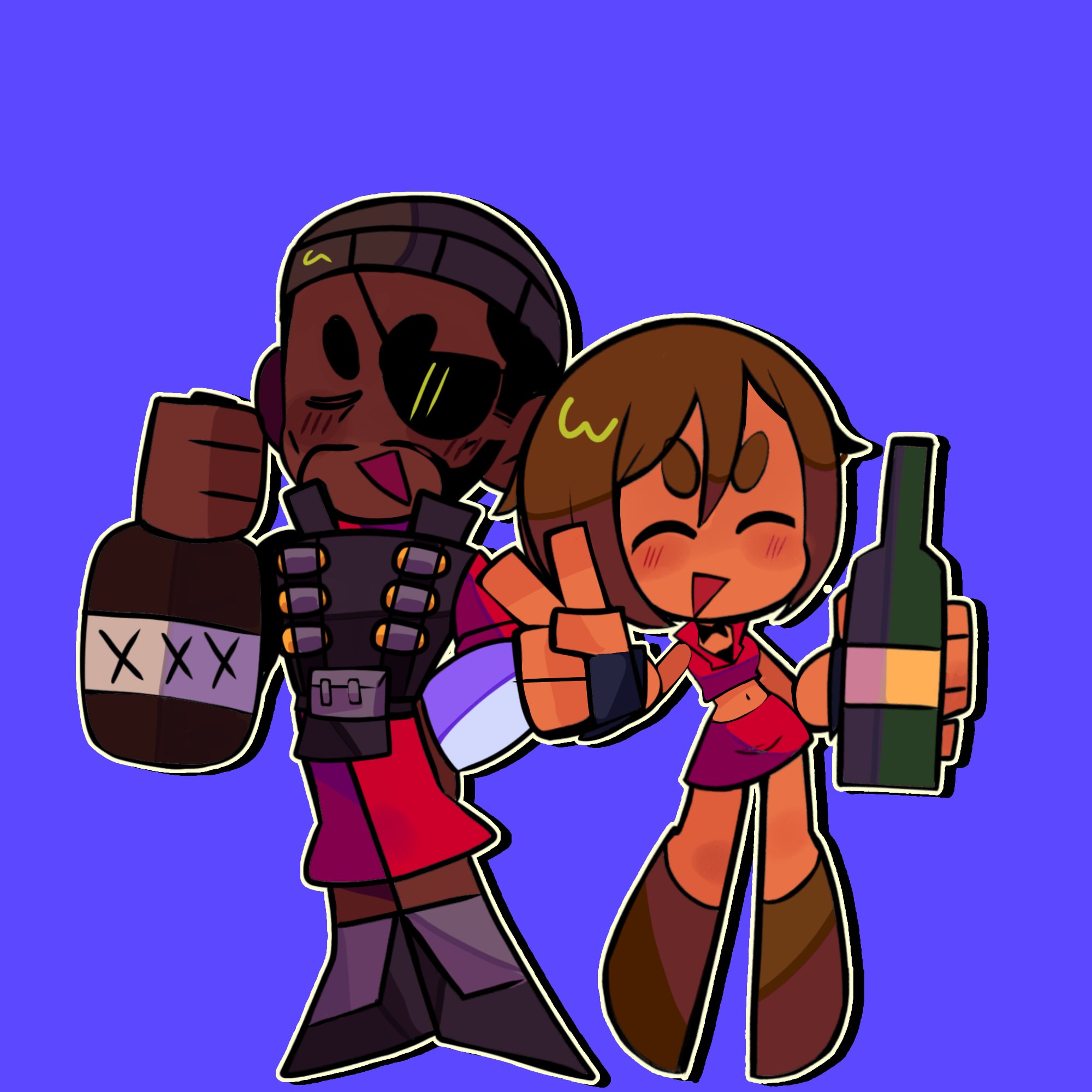 rainelyn00, demoman (tf2), red demoman (tf2), team fortress 2, vocaloid, 1boy, 1girl, alcohol, beanie, beer bottle, black boots, black gloves, black hat, black vest, blue background, boots, bottle, brown boots, brown hair, closed eyes, cropped jacket, crossover, dark-skinned male, dark skin, eyepatch, fingerless gloves, gloves, hand on own hip, hat, holding, holding bottle, jacket, midriff, navel, open mouth, outline, pants, red jacket, red pants, red shirt, red skirt, shirt, short hair, simple background, skirt, standing, triangle mouth, v, vest, white outline