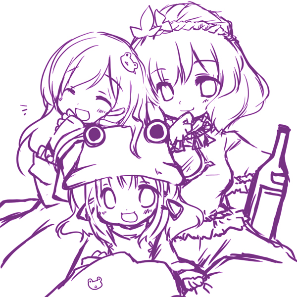 futami yayoi, kochiya sanae, moriya suwako, yasaka kanako, touhou, 3girls, female focus, hair ornament, hat, leaf hair ornament, monochrome, multiple girls, purple theme