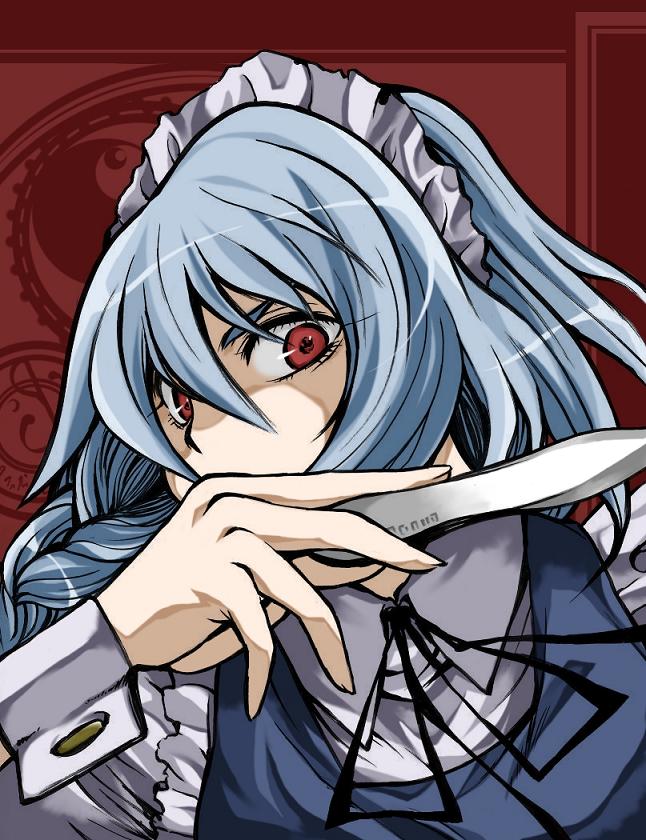 uousa-ou, izayoi sakuya, touhou, 1girl, female focus, knife, solo, throwing knife, weapon