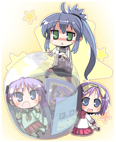 hiiragi kagami, hiiragi tsukasa, izumi konata, lucky star, silver hair, 00s, 3girls, :<, :d, blush, chibi, full body, long hair, looking at viewer, mole, mole under eye, multiple girls, open mouth, pleated skirt, ponytail, red skirt, sailor collar, school uniform, serafuku, shaded face, shirt, siblings, sisters, skirt, smile, standing, star (symbol), surprised, sweatdrop, twins, very long hair, water, white shirt