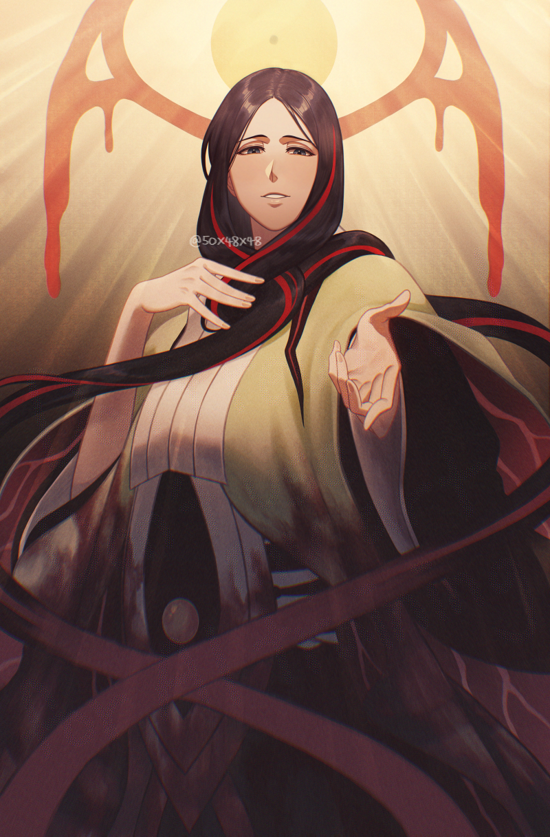 50x48x48, unohana retsu, bleach, bleach: brave souls, 1girl, artist name, black hair, breasts, female focus, hand on own chest, long hair, looking at viewer, parted lips, red streaks, solo, standing