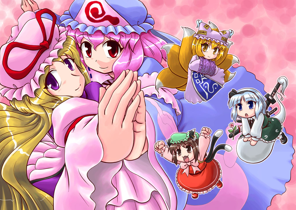 sasuke (sasuke no sato), chen, konpaku youmu, konpaku youmu (ghost), saigyouji yuyuko, yakumo ran, yakumo yukari, touhou, silver hair, 5girls, :3, animal ears, animal hat, blonde hair, blue eyes, brown eyes, brown hair, cat ears, cat girl, cat tail, earrings, female focus, fox tail, hands in opposite sleeves, hat, hitodama, jewelry, katana, long hair, long sleeves, mob cap, multiple girls, multiple tails, pink hair, purple eyes, red eyes, shoes, short hair, sword, tabard, tail, tassel, weapon, wide sleeves, yellow eyes