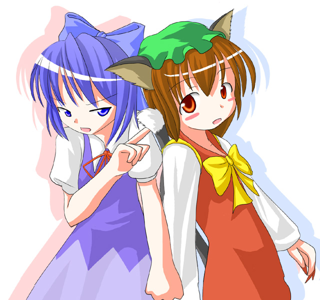 des (namaasi), chen, cirno, touhou, 2girls, animal ears, blue bow, blue eyes, blue hair, bow, brown hair, cat ears, cat girl, dress, female focus, green hat, hair bow, hat, index finger raised, long sleeves, multiple girls, nail polish, puffy short sleeves, puffy sleeves, red dress, red nails, short hair, short sleeves, tail, white sleeves