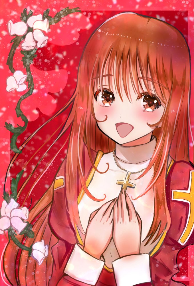 erica fontaine, sakura taisen, sakura taisen iii, blush, brown eyes, brown hair, collar, cross, dress, endou tugumi, hand on own chest, juliet sleeves, latin cross, long hair, long sleeves, low-tied long hair, open mouth, puffy sleeves, red background, red dress, sidelocks, white collar