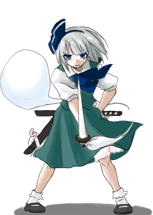 konpaku youmu, konpaku youmu (ghost), touhou, 1girl, blue eyes, female focus, hitodama, katana, socks, solo, sword, weapon, white hair