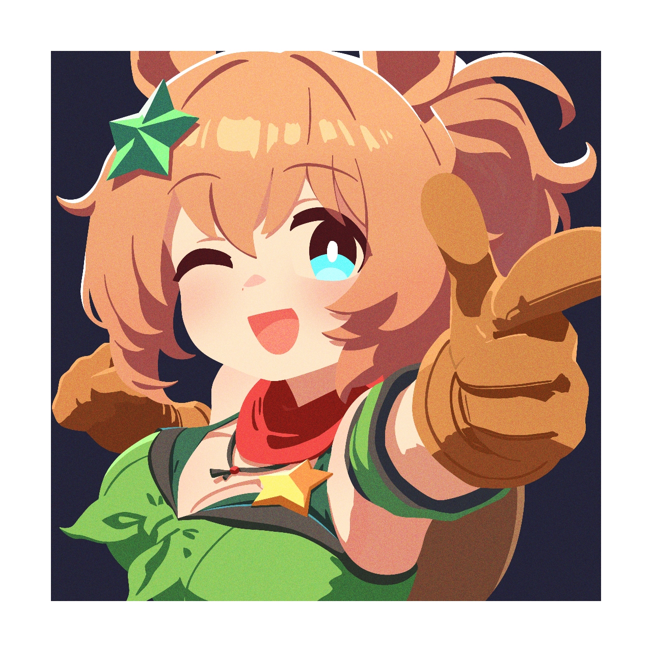 taiki shuttle (umamusume), umamusume, highres, 1girl, ;d, animal ears, bandana, bandana around neck, blue eyes, breasts, brown gloves, brown hair, cleavage, clenched hand, crop top, finger gun, front-tie top, gloves, hair ornament, horse ears, horse girl, large breasts, long hair, looking at viewer, one eye closed, open mouth, ponytail, red bandana, smile, solo, star (symbol), star hair ornament, waonaolmao