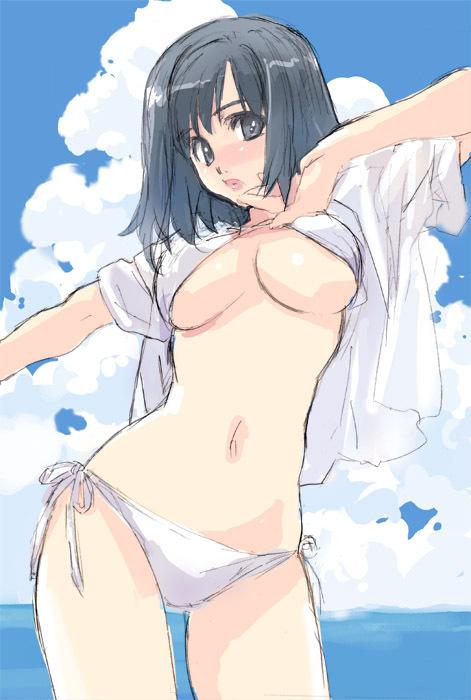 matsumoto noriyuki, original, 1girl, beach, breasts, day, female focus, large breasts, outdoors, short hair, solo, underboob