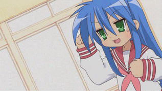 izumi konata, lucky star, animated, animated gif, anime screenshot, lowres, 00s, 1girl, female focus, mole, mole under eye, punching, school uniform, serafuku, solo