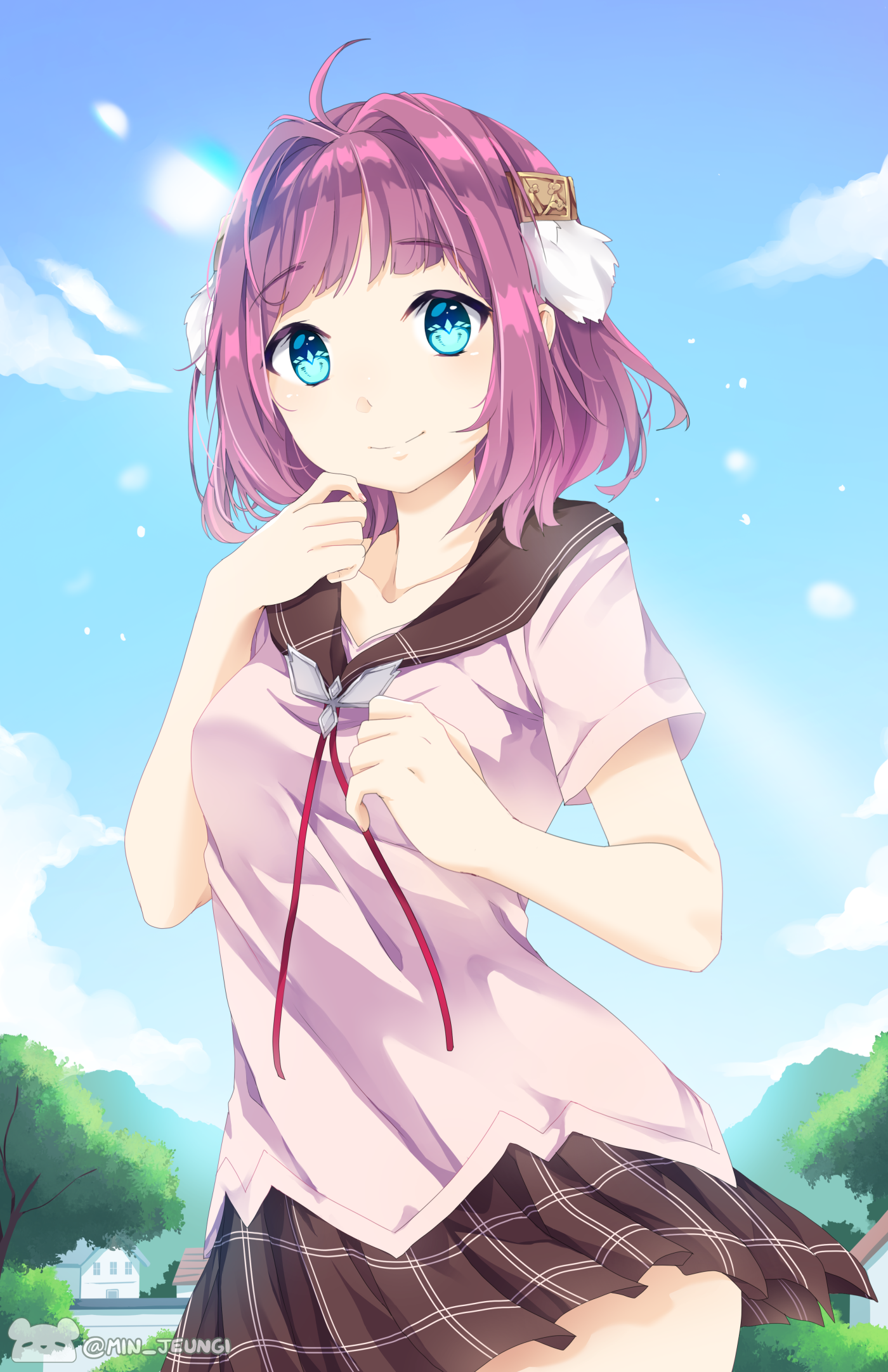 min jeungi, ichinose rika, ao no kanata no four rhythm, commentary request, highres, 1girl, ahoge, blue eyes, blue pupils, blue sky, blunt bangs, brown sailor collar, brown skirt, closed mouth, cloud, collarbone, cowboy shot, day, diamond-shaped pupils, diamond (shape), hair intakes, hair ornament, hands up, looking at viewer, medium hair, miniskirt, outdoors, pink shirt, plaid clothes, plaid skirt, pleated skirt, purple hair, red ribbon, ribbon, sailor collar, school uniform, serafuku, shirt, short sleeves, skirt, sky, smile, solo, split mouth, symbol-shaped pupils, twitter username