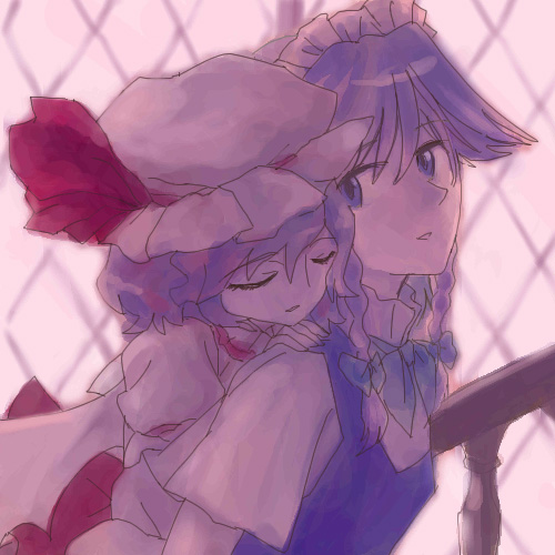 oisin, izayoi sakuya, remilia scarlet, touhou, lowres, 2girls, carrying, closed eyes, female focus, hat, hug, mob cap, multiple girls, piggyback, pink theme