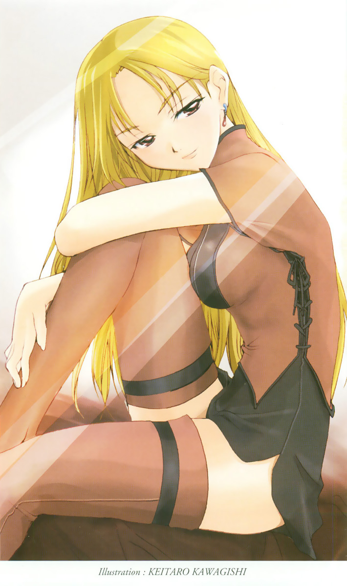 kawagishi keitarou, highres, blonde hair, breasts, brown eyes, long hair, miniskirt, sideboob, skirt, solo, thighhighs