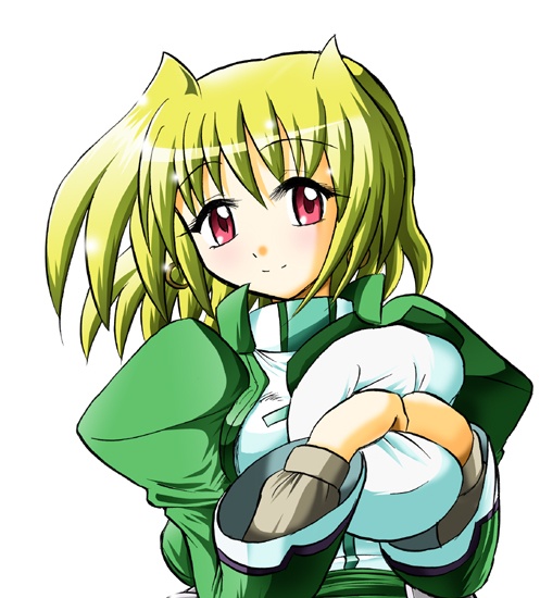 shamal, lyrical nanoha, mahou shoujo lyrical nanoha, mahou shoujo lyrical nanoha a's, 00s, blonde hair, hat, holding, holding unworn clothes, holding unworn hat, purple eyes, short hair, solo, unworn hat, unworn headwear