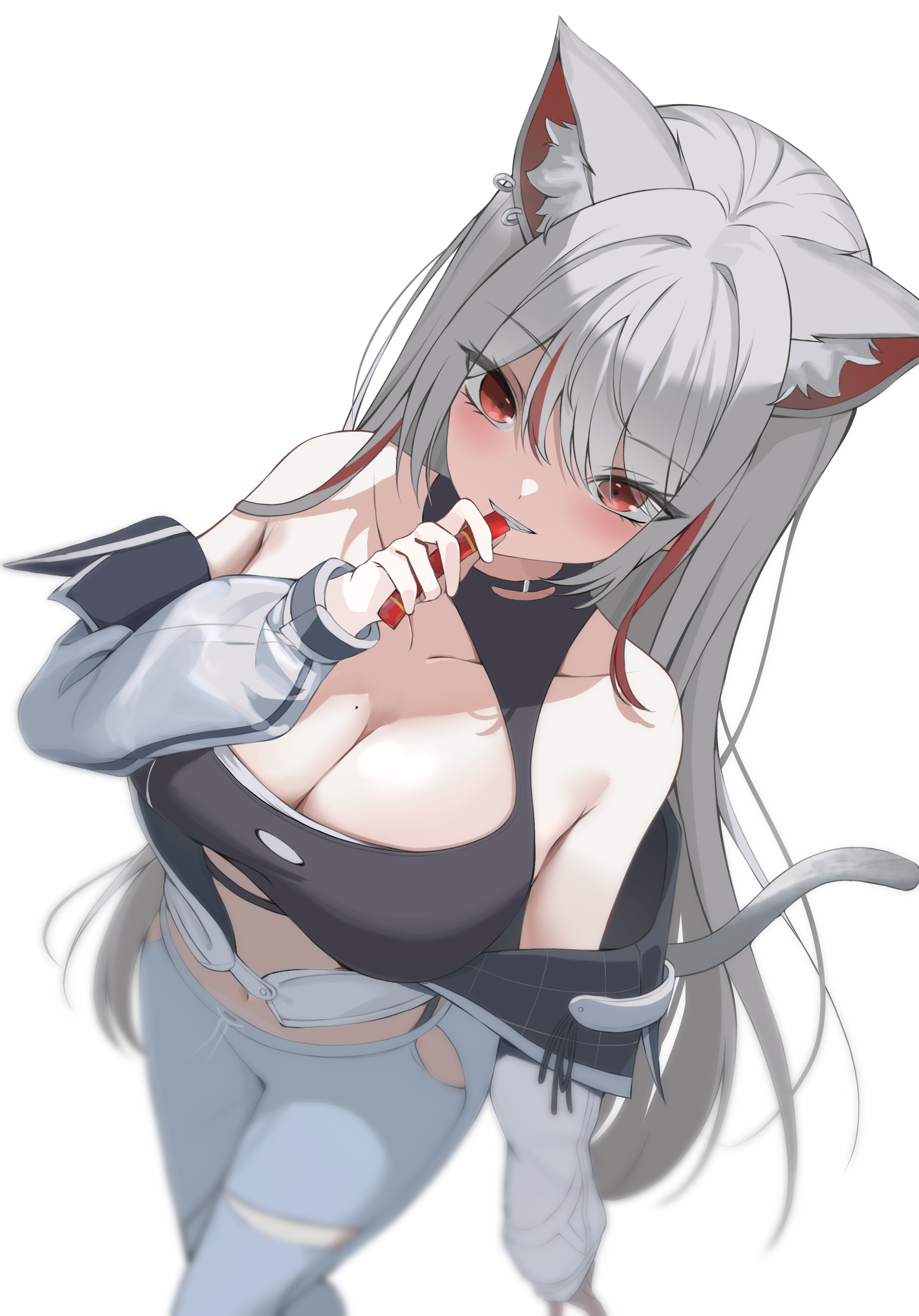 reso l, neneko mashiro, stellive, absurdres, commentary, english commentary, highres, 1girl, animal ear fluff, animal ears, bare shoulders, black shirt, blue pants, blurry, blush, breasts, cat ears, cat girl, cat tail, cleavage, clothing cutout, crop top, cropped jacket, depth of field, dutch angle, food, from above, grey hair, hair intakes, hand up, holding, holding food, jacket, large breasts, long hair, long sleeves, looking at viewer, mole, mole on breast, multicolored hair, navel, off shoulder, open mouth, pants, red eyes, red streaks, shirt, simple background, solo, standing, streaked hair, tail, teeth, two-sided fabric, two-sided jacket, very long hair, virtual youtuber, white background, white jacket