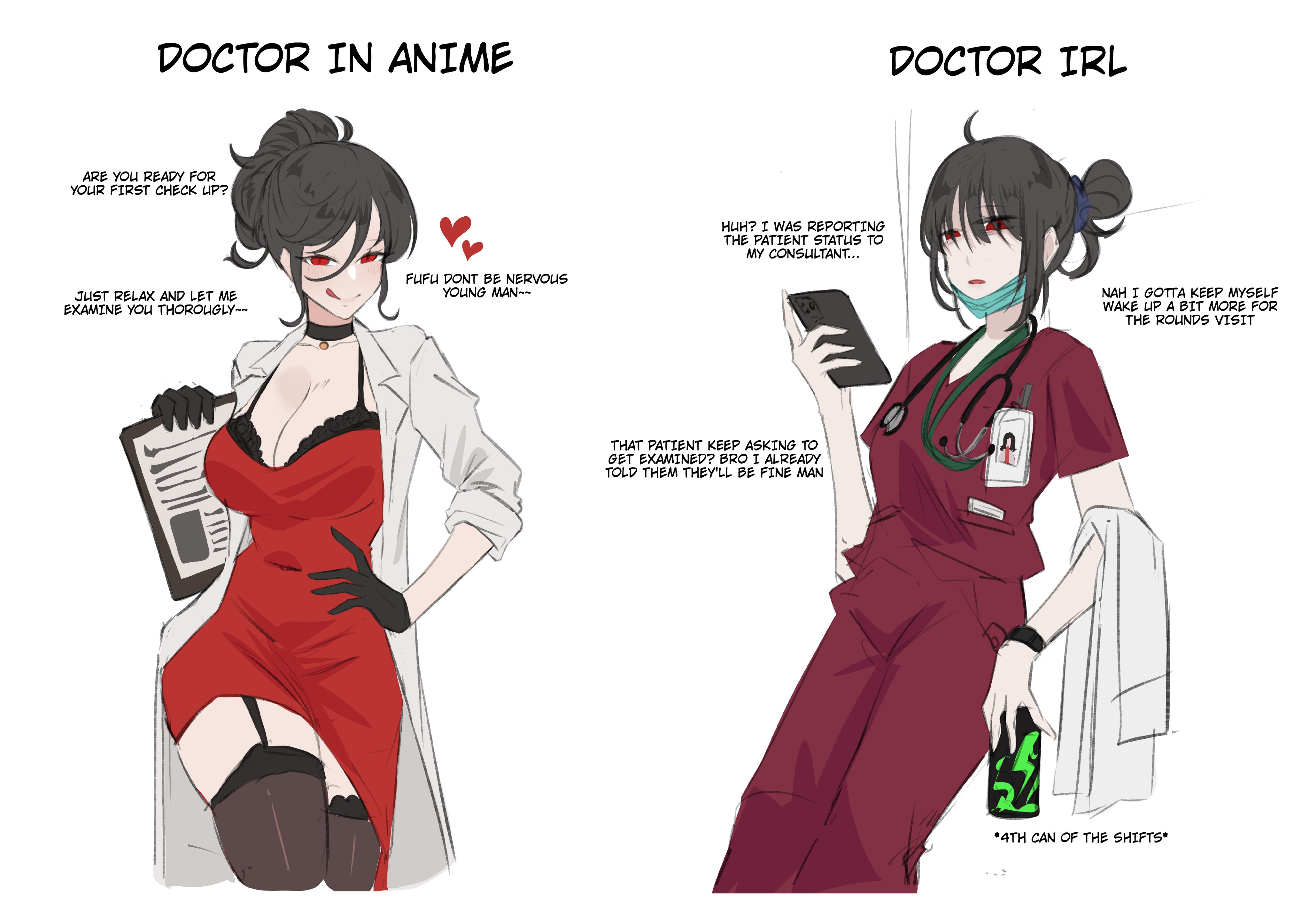 mamaprofennn, original, absurdres, highres, 1girl, black choker, black gloves, black hair, breasts, can, choker, cleavage, clipboard, coat, dress, empty eyes, energy drink, english text, expectation vs. reality, garter straps, gloves, hair bun, hand on own hip, holding, holding can, holding clipboard, id card, jumpsuit, lab coat, looking at viewer, mask, mouth mask, red dress, red eyes, red jumpsuit, stethoscope around neck, thighhighs, white background, white coat