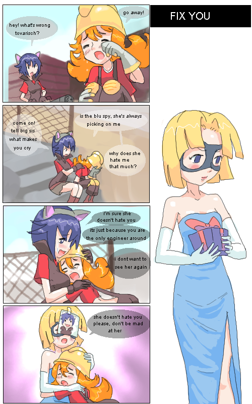 captain (artist), captain (drawfag), blu spy (tf2), engineer (tf2), heavy (tf2), red engineer (tf2), red heavy (tf2), spy (tf2), 4chan, team fortress 2, 2girls, animal ears, animification, cat ears, comic, disguise, domino mask, dress, elbow gloves, english text, genderswap, genderswap (mtf), gloves, heavy, hug, imposter, left-to-right manga, mask, multiple girls, photo (object), spy, tears, valve, yuri