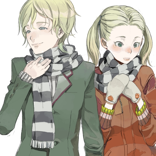 fakepucco, 1boy, 1girl, blonde hair, blush, couple, gloves, green eyes, hetero, mittens, scarf, simple background, striped clothes, striped scarf, twintails, upper body, white background