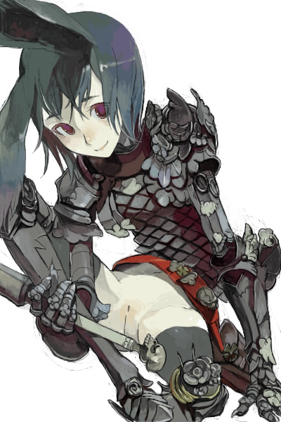 fakepucco, 1girl, animal ears, armor, lance, no panties, polearm, purple eyes, pussy, sitting, smile, spear, thighhighs, weapon