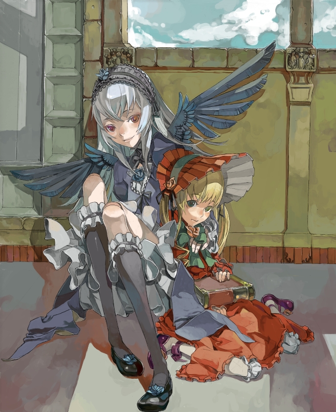 fakepucco, shinku, suigintou, rozen maiden, silver hair, 00s, 2girls, against wall, black dress, black socks, black wings, blonde hair, blue eyes, blush, bonnet, book, doll joints, dress, frilled thigh strap, frills, hairband, indoors, joints, kneehighs, lolita hairband, long sleeves, looking at viewer, multiple girls, red dress, red eyes, sitting, socks, thigh strap, wariza, window, wings, yuri