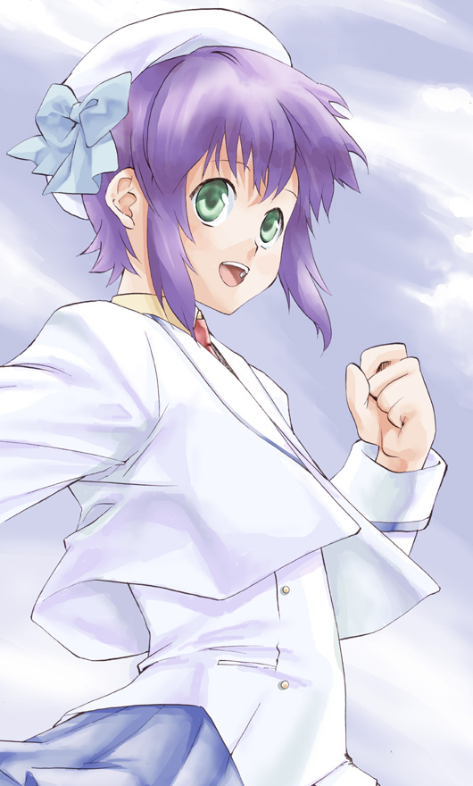 takano natsuki, shiho elis, night wizard, 00s, beret, green eyes, hat, purple hair, short hair, solo