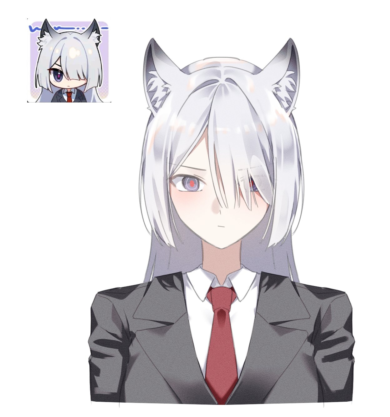 ak-15 (erwin) (girls' frontline), ak-15 (girls' frontline), girls' frontline, girls' frontline 2: exilium, highres, 1girl, animal ears, extra ears, grey hair, hair over one eye, inset, lemonisblue, necktie, official art inset, simple background, solo, upper body, voymastina (girls' frontline 2), white background