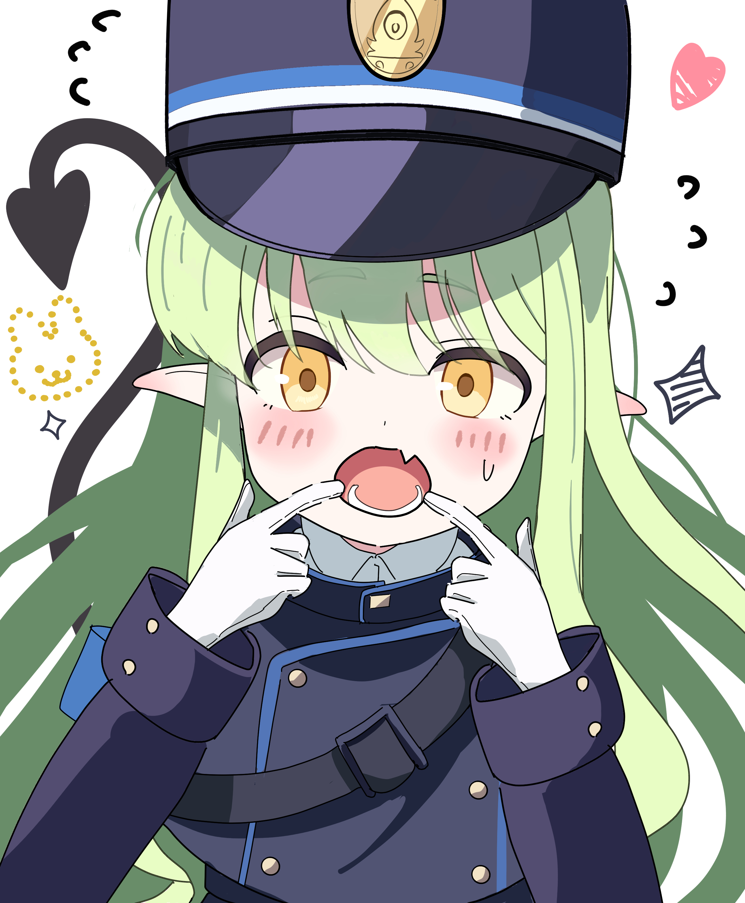 tsetainsu, hikari (blue archive), blue archive, absurdres, commentary, highres, 1girl, :o, bag, blush, buttons, demon girl, demon tail, fangs, fingers to mouth, flying sweatdrops, gloves, green hair, hair between eyes, hat, long hair, long sleeves, looking at viewer, peaked cap, pointy ears, satchel, shoulder bag, sidelocks, simple background, skin fangs, solo, sparkle, sweatdrop, tail, train conductor, upper body, white background, white gloves, yellow eyes