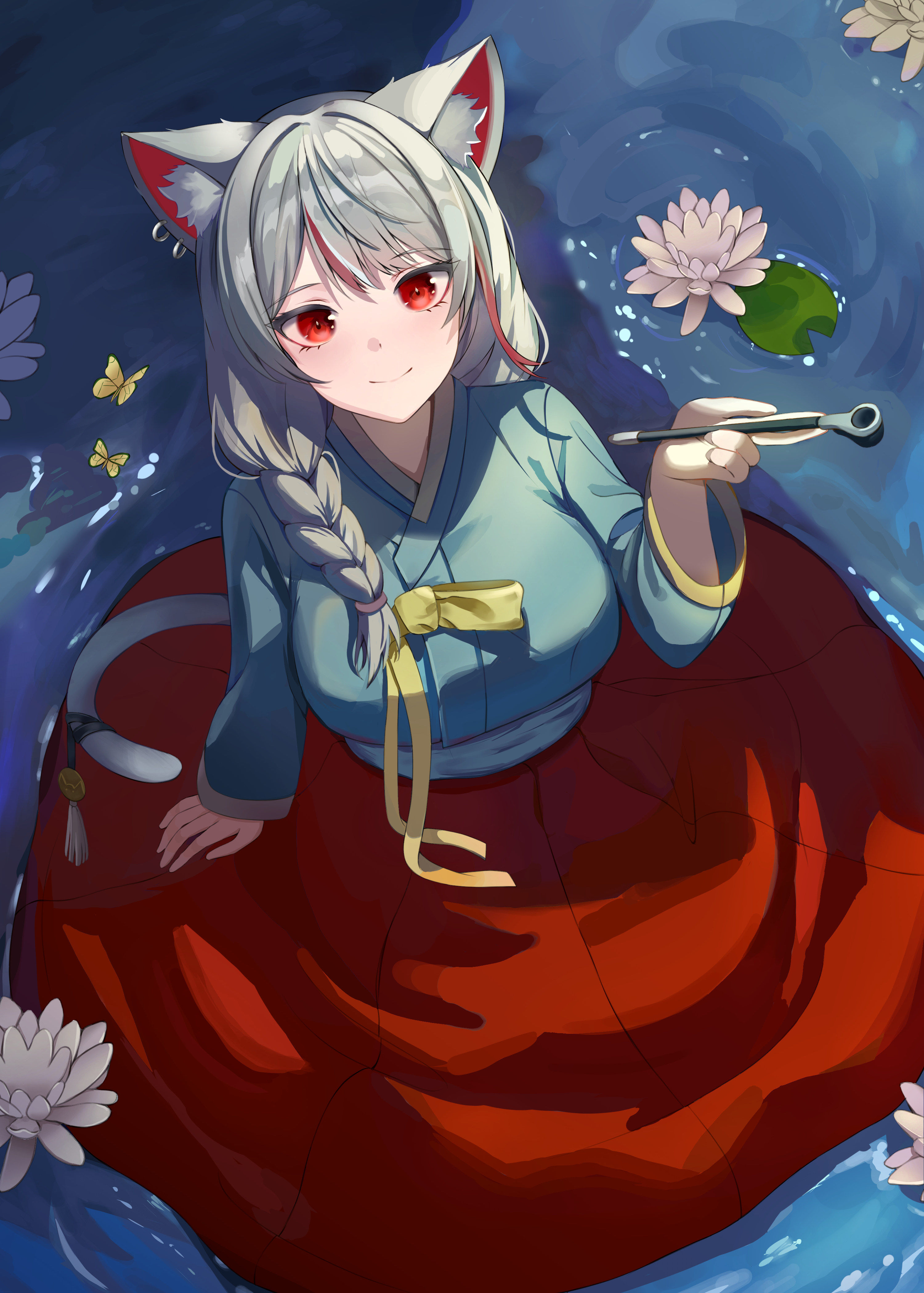 reso l, neneko mashiro, stellive, absurdres, commentary, english commentary, highres, 1girl, animal ear fluff, animal ears, braid, bug, butterfly, cat ears, cat girl, cat tail, dress, flower, from above, grey hair, hanbok, hand up, holding, holding smoking pipe, insect, korean clothes, lily pad, long hair, long sleeves, looking at viewer, multicolored hair, red eyes, red streaks, shallow water, single braid, sitting, smoking pipe, solo, streaked hair, tail, very long hair, virtual youtuber, water, water lily flower