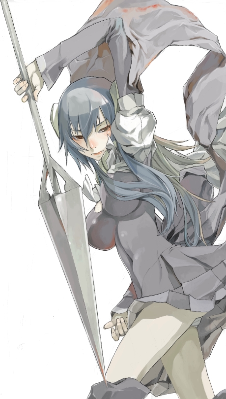 fakepucco, blood, breasts, clothes lift, dress, dress lift, long hair, midriff, panties, pantyshot, polearm, solo, spear, thighs, underwear, weapon
