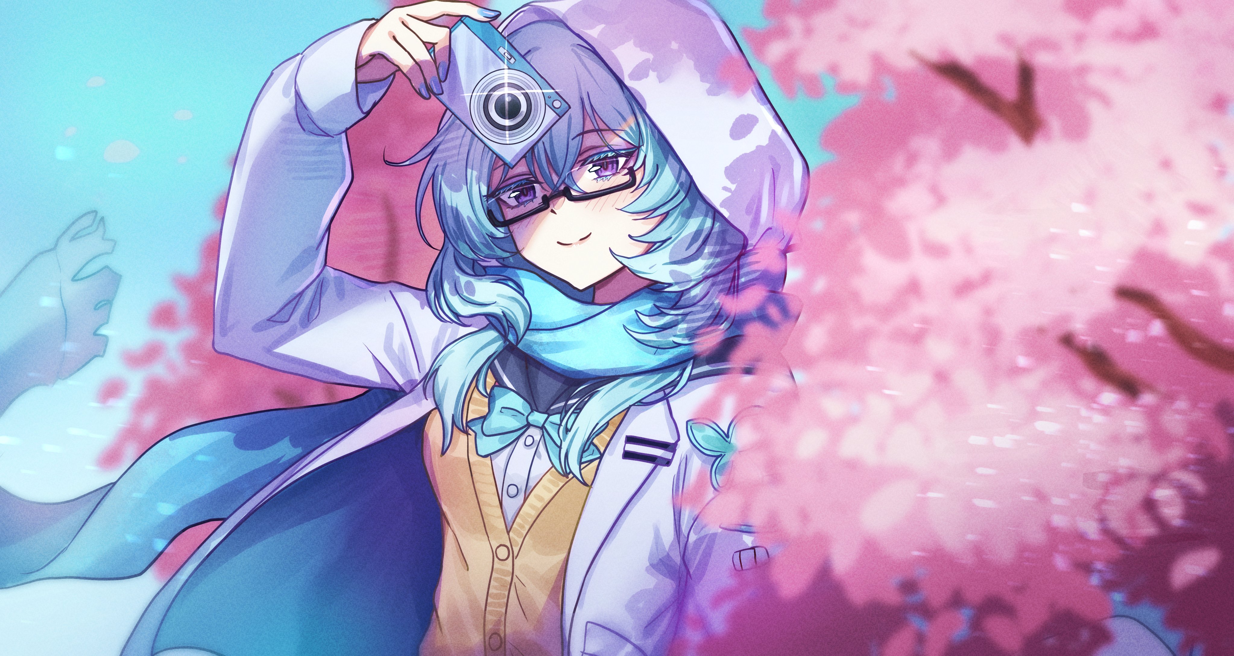 flareza, shorekeeper (wuthering waves), wuthering waves, absurdres, commentary, english commentary, highres, 1girl, arm up, bespectacled, black-framed eyewear, black sailor collar, blue bow, blue bowtie, blue hair, blue scarf, blue sky, bow, bowtie, breasts, camera, cardigan, cherry blossoms, closed mouth, colored eyelashes, day, glasses, hair between eyes, holding, holding camera, hood, hooded jacket, jacket, long hair, looking at viewer, medium breasts, official alternate costume, outdoors, purple eyes, sailor collar, scarf, semi-rimless eyewear, shirt, sky, smile, solo, under-rim eyewear, upper body, white jacket, white shirt, yellow cardigan