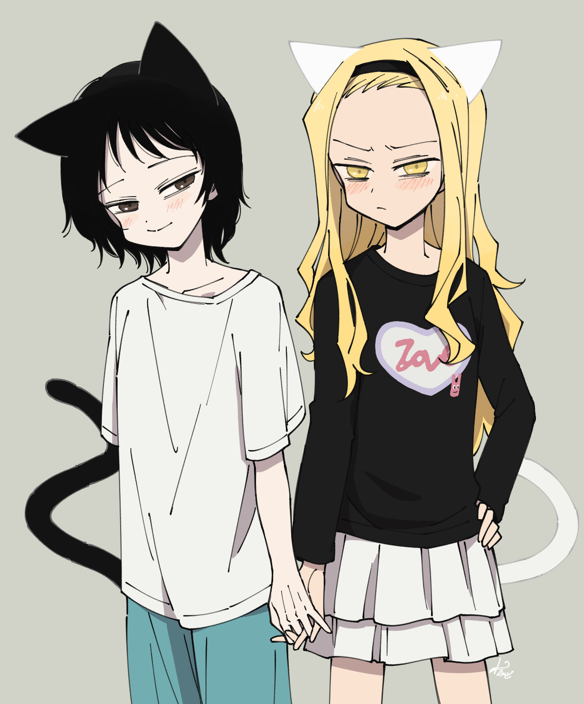 kirarazaka marina, kuze shizuka, takopii no genzai, highres, 2girls, animal ears, black ears, black hair, black shirt, black tail, blonde hair, blue shorts, blush, brown eyes, cat ears, cat girl, cat tail, grey background, hairband, hand on own hip, holding hands, long hair, multiple girls, nase kisuke, shirt, short hair, short sleeves, shorts, skirt, smile, tail, white shirt, white skirt, white tail, yellow eyes, yuri