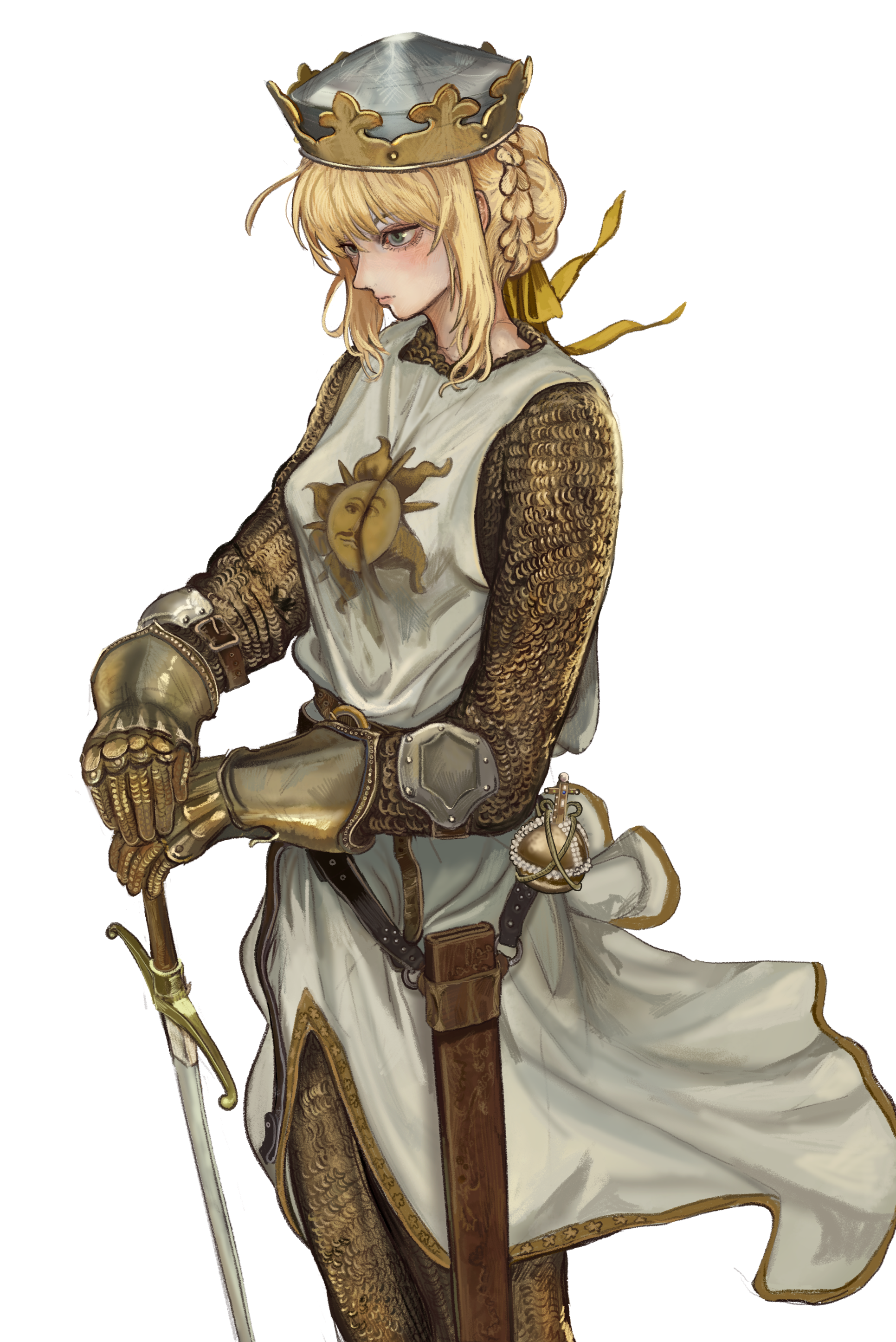 kkghost tv, artoria pendragon (fate), fate/stay night, fate (series), monty python, monty python and the holy grail, absurdres, highres, 1girl, armor, blonde hair, blue eyes, braid, braided bun, chainmail, closed mouth, gauntlets, hair bun, helmet, holding, holding sword, holding weapon, looking ahead, short hair, sidelocks, solo, sun print, surcoat, sword, weapon