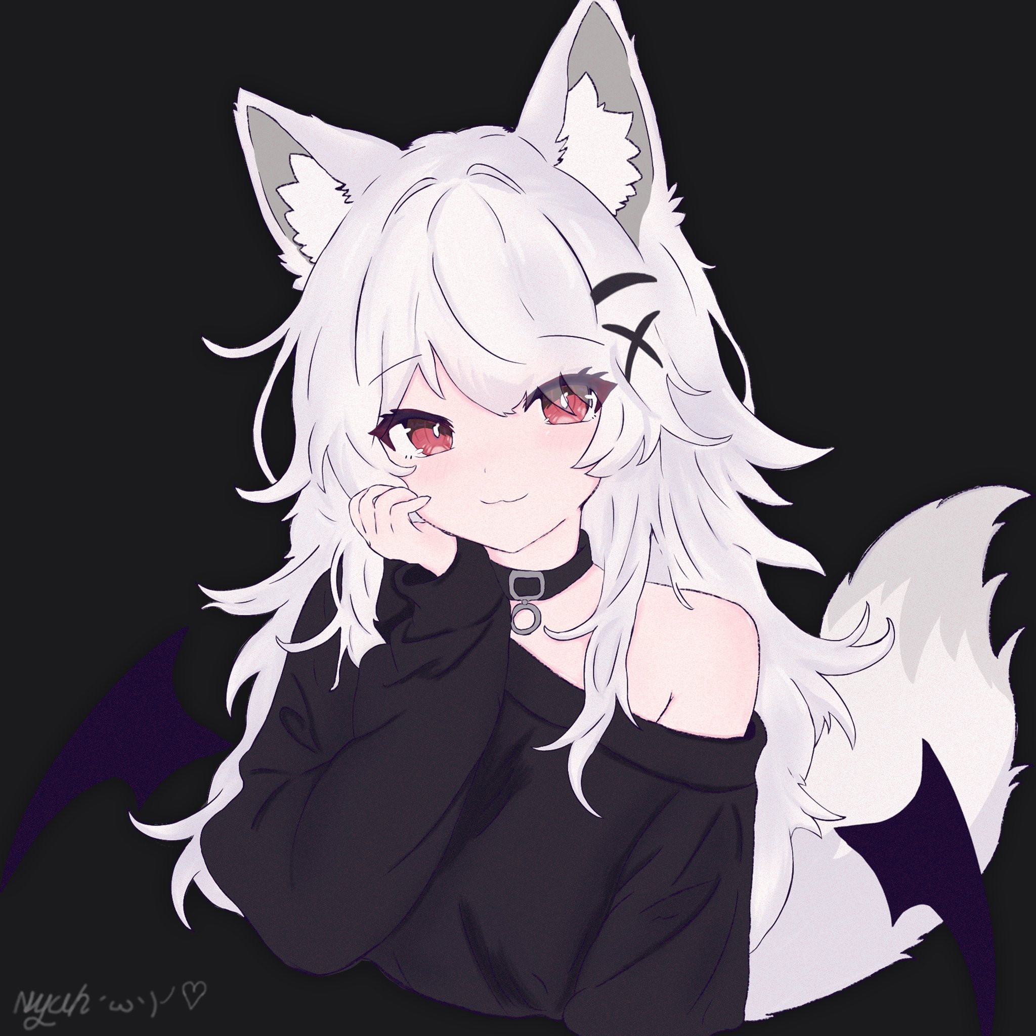 nyuh, original, commentary, highres, symbol-only commentary, 1girl, animal ears, black background, black collar, black sweater, collar, drawn wings, fox ears, fox girl, fox tail, hand on own cheek, hand on own face, long hair, long sleeves, looking at viewer, off shoulder, red eyes, simple background, sweater, tail, white hair