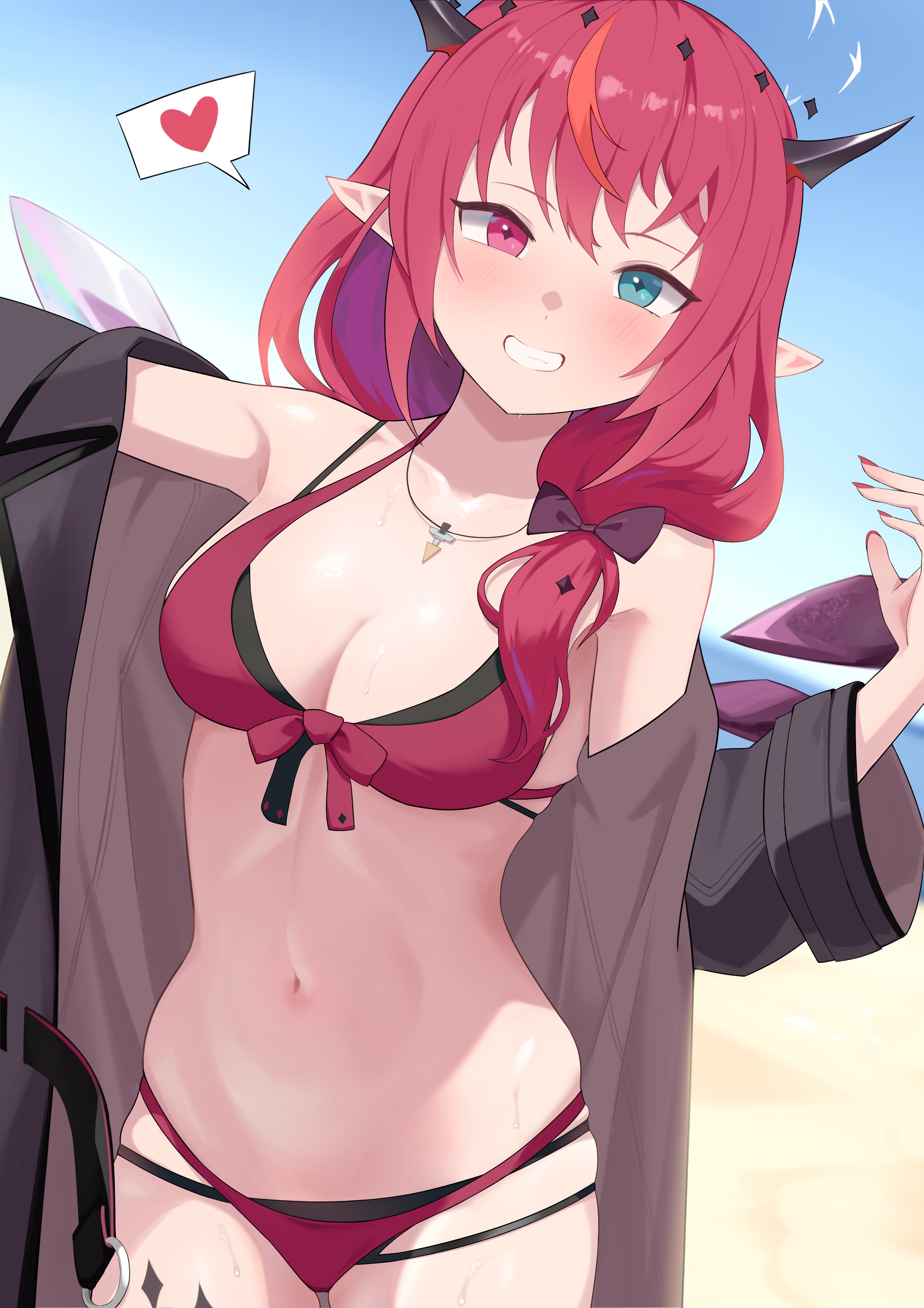 shift (shiftillust), irys (hololive), hololive, hololive english, absurdres, highres, 1girl, beach, bikini, black horns, black jacket, blue eyes, blurry, blurry background, blush, breasts, cowboy shot, heart, heterochromia, horns, jacket, large breasts, medium hair, ocean, open clothes, open jacket, pointy ears, purple eyes, purple hair, red bikini, red hair, sand, solo, speech bubble, spoken heart, swimsuit, virtual youtuber