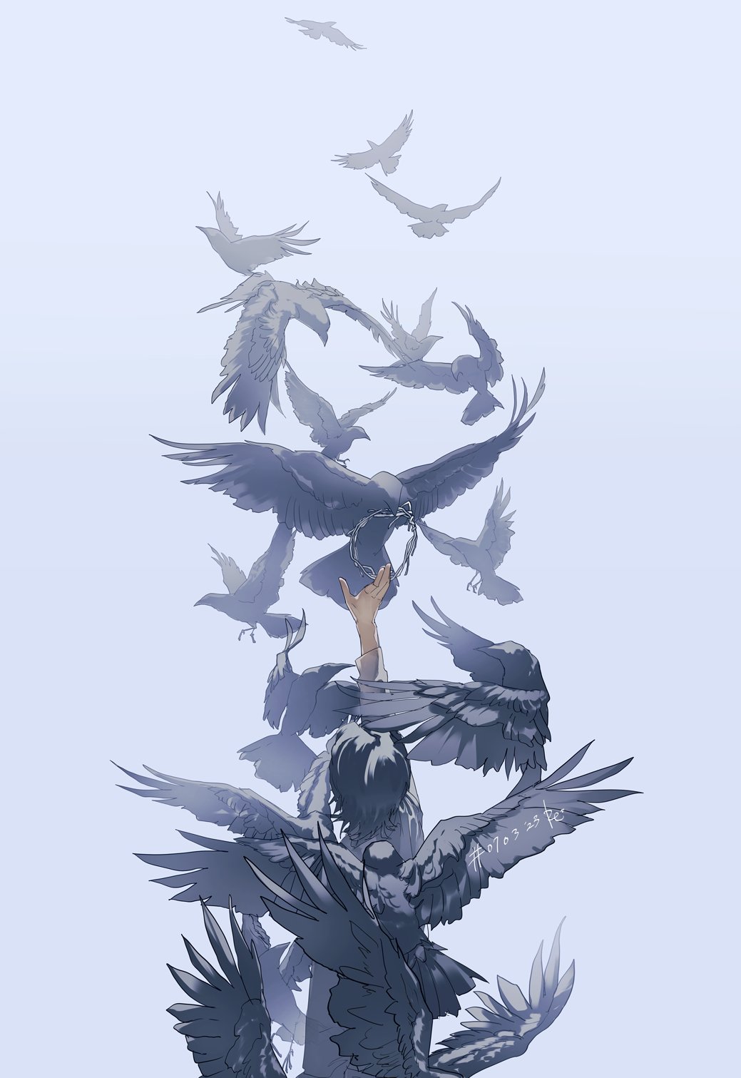 rido (ridograph), original, highres, 1boy, bird, black hair, feathers, grey shirt, head wreath, male focus, outstretched arm, shirt, short hair, solo, standing, watermark, web address