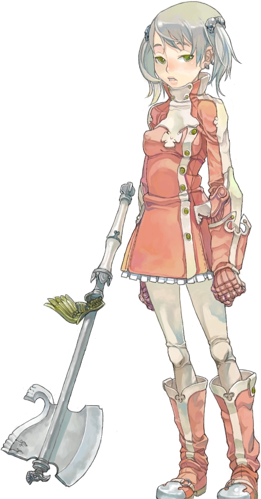 fakepucco, silver hair, 1girl, axe, boots, cyborg, female focus, green eyes, piercing, solo, twintails, warrior, weapon