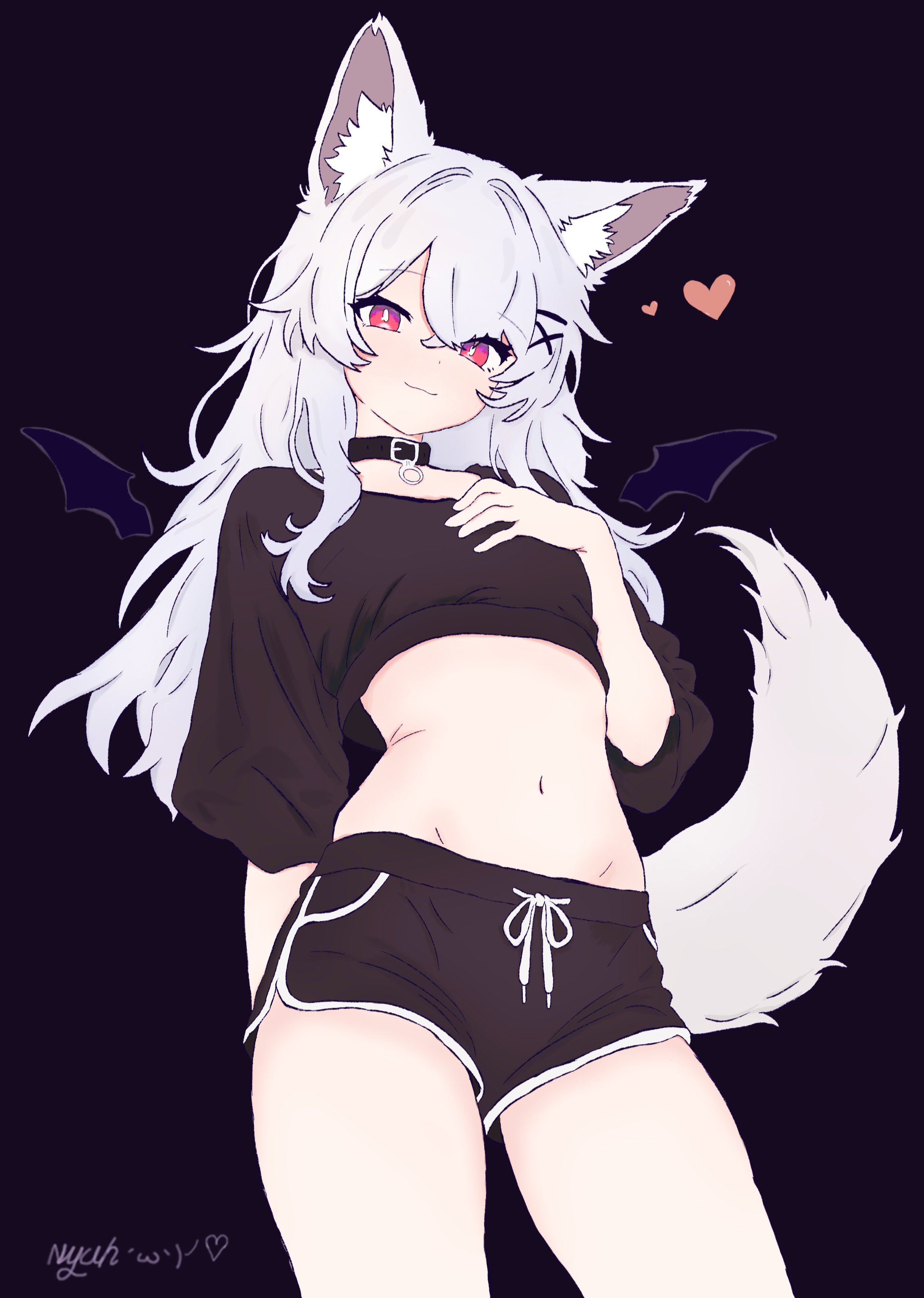 nyuh, original, absurdres, highres, 1girl, animal ears, black background, black collar, black shirt, black shorts, collar, cropped shirt, dolphin shorts, drawn wings, fox ears, fox girl, groin, heart, long hair, looking at viewer, midriff, navel, red eyes, shirt, short sleeves, shorts, simple background, smile, stomach, white hair