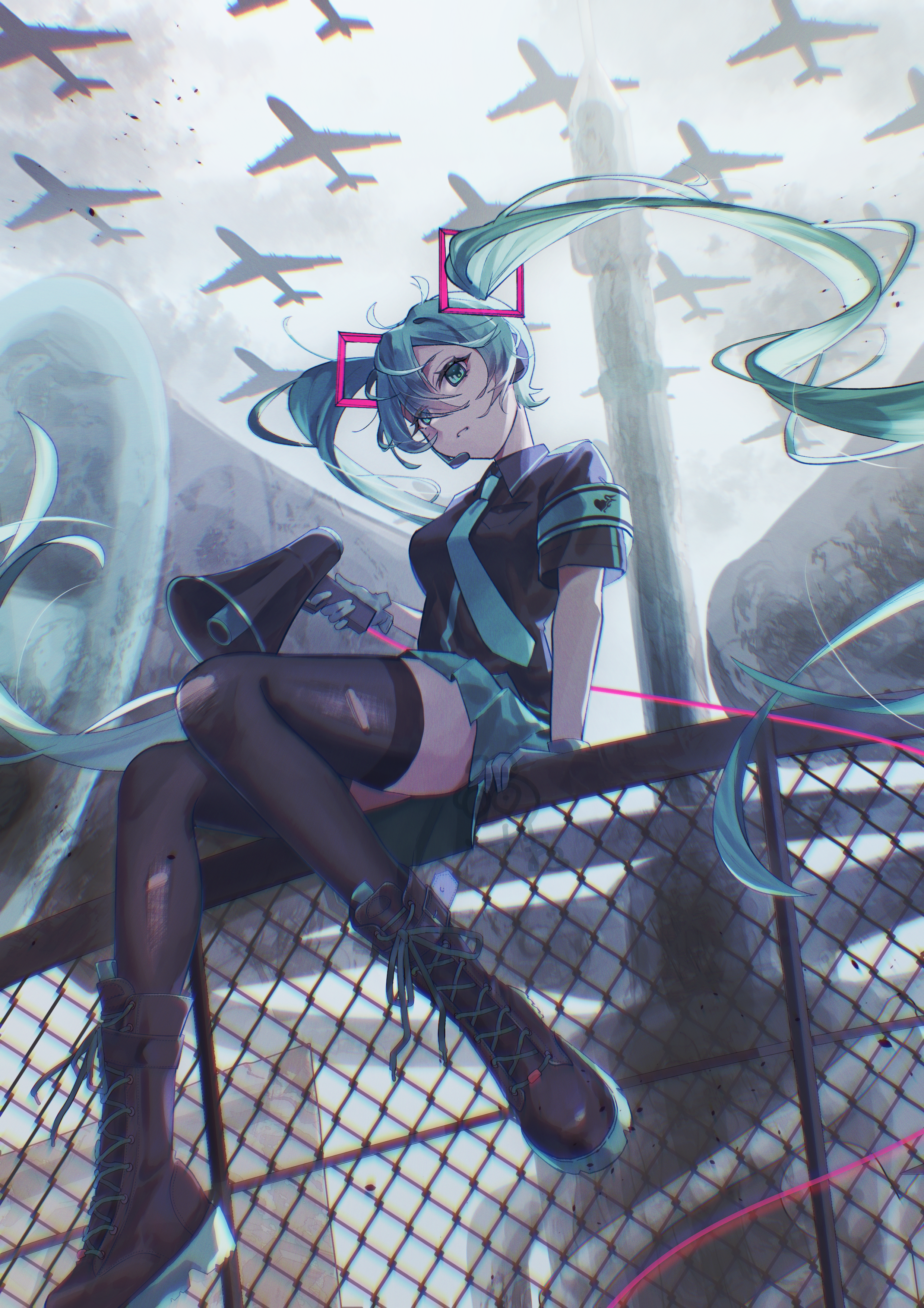 114 usamaro, hatsune miku, koi wa sensou (vocaloid), vocaloid, absurdres, highres, 1girl, aqua eyes, aqua hair, b-52 stratofortress, black shirt, black shoes, black thighhighs, chain-link fence, fence, gloves, holding, holding megaphone, long hair, megaphone, necktie, shirt, shoes, short sleeves, sitting on fence, solo, thighhighs, twintails