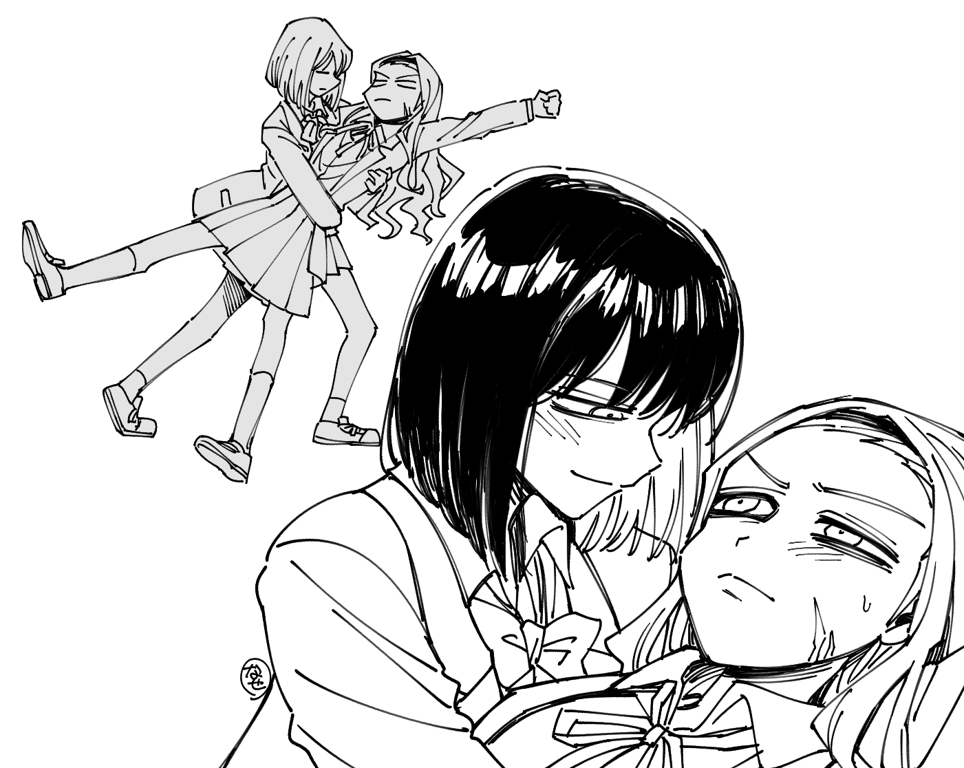 kirarazaka marina, kuze shizuka, takopii no genzai, 2girls, arms around waist, black hair, black hairband, blonde hair, blush, brown eyes, hairband, holding, hug, jacket, long hair, long sleeves, looking at another, monochrome, multiple girls, nase kisuke, school uniform, shirt, short hair, simple background, skirt, smile, white background, white shirt, yuri