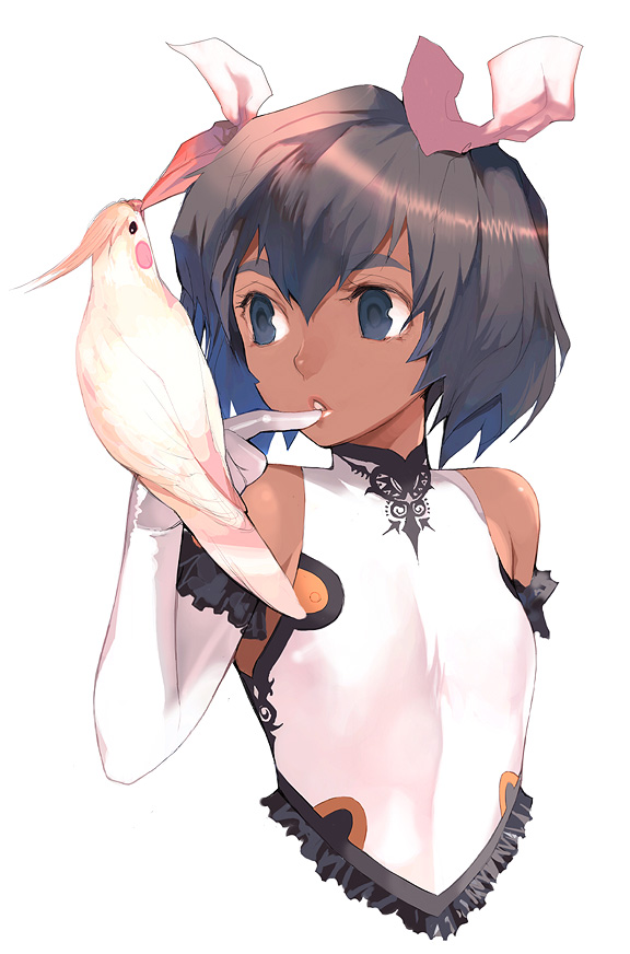 eyebrows, 1girl, bird, bird on hand, black hair, cockatiel, dark-skinned female, dark skin, elbow gloves, female focus, flat chest, gloves, parrot, ribbon, short hair, simple background, solo, white background