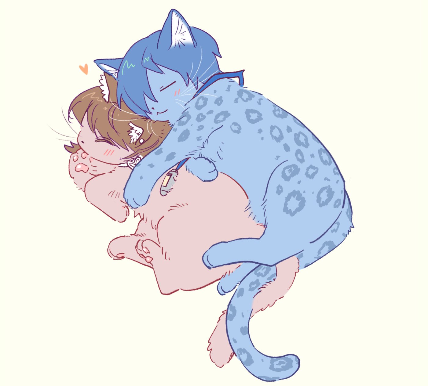 takeba yukari, yuuki makoto (persona 3), persona, persona 3, commentary, highres, 1boy, 1girl, :3, animal ears, animal focus, animalization, blue fur, blue hair, blush, brown fur, brown hair, cat, cat ears, cat tail, choker, closed eyes, closed mouth, cuddling, digital media player, earrings, full body, heads together, heart, heart choker, jewelry, leopard, leopard ears, leopard tail, lying, no humans, on side, pearl earrings, tail, wavysea1007, whiskers, white choker, yellow background