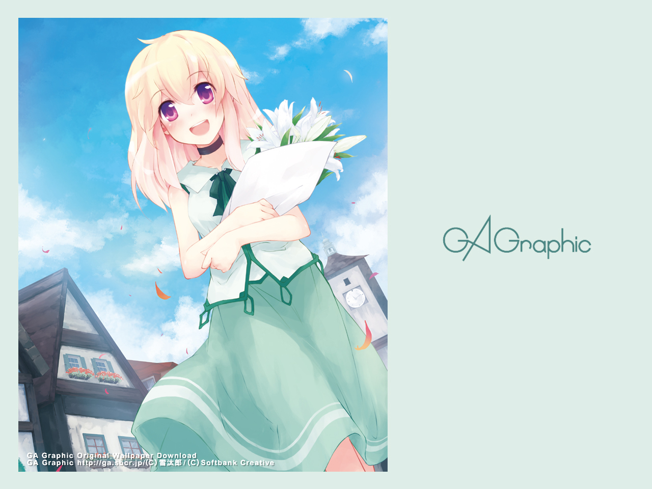 yukitarou (awamori), gagraphic, original, 1girl, blonde hair, female focus, flower, lily (flower), purple eyes, solo
