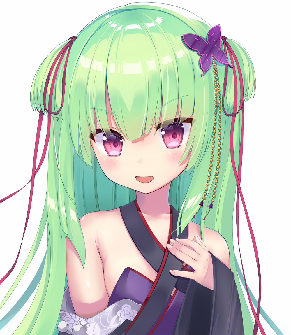 arisakaqwp, murasame (senren), senren banka, commentary, 1girl, :d, armpit crease, bare shoulders, black kimono, blunt bangs, blunt ends, blush, breasts, butterfly hair ornament, criss-cross halter, eyes visible through hair, green hair, hair ornament, hair ribbon, halterneck, hand on own chest, hand up, hime cut, japanese clothes, kimono, long hair, long ribbon, long sleeves, looking at viewer, open mouth, red eyes, red ribbon, ribbon, sidelocks, simple background, small breasts, smile, solo, straight hair, two side up, upper body, v-shaped eyebrows, white background, wide sleeves