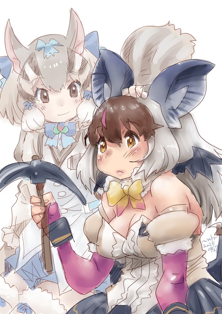 nyororiso (muyaa), brown long-eared bat (kemono friends), siberian chipmunk (kemono friends), kemono friends, kemono friends v project, 2girls, animal ears, bat ears, bat girl, bat tail, bow, bowtie, breasts, brown eyes, brown hair, chipmunk ears, chipmunk girl, chipmunk tail, cleavage, elbow gloves, extra ears, fingerless gloves, gloves, grey hair, large breasts, leotard, long hair, microphone, multicolored hair, multiple girls, pickaxe, ribbon, shirt, short hair, shorts, simple background, skirt, streaked hair, tail, thighhighs, vest, virtual youtuber, wings